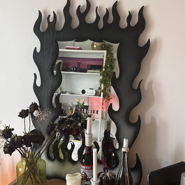 Custom flame-shaped mirror handmade by Mcgravz, Complex Paradox custom decor piece