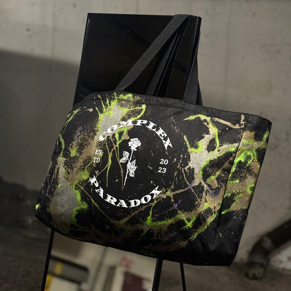 Custom Complex Paradox tote bag with green splatter print, CMPLX custom work
