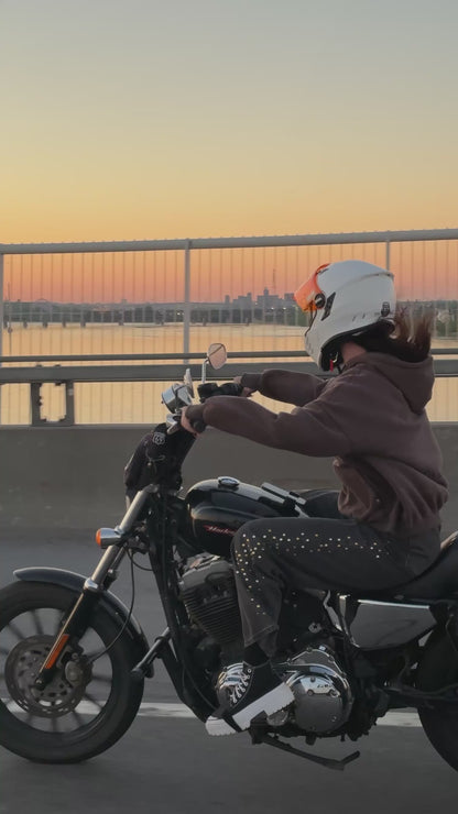 CMPLX hoodie worn on motorcycle in motion at sunset, Complex Paradox streetwear